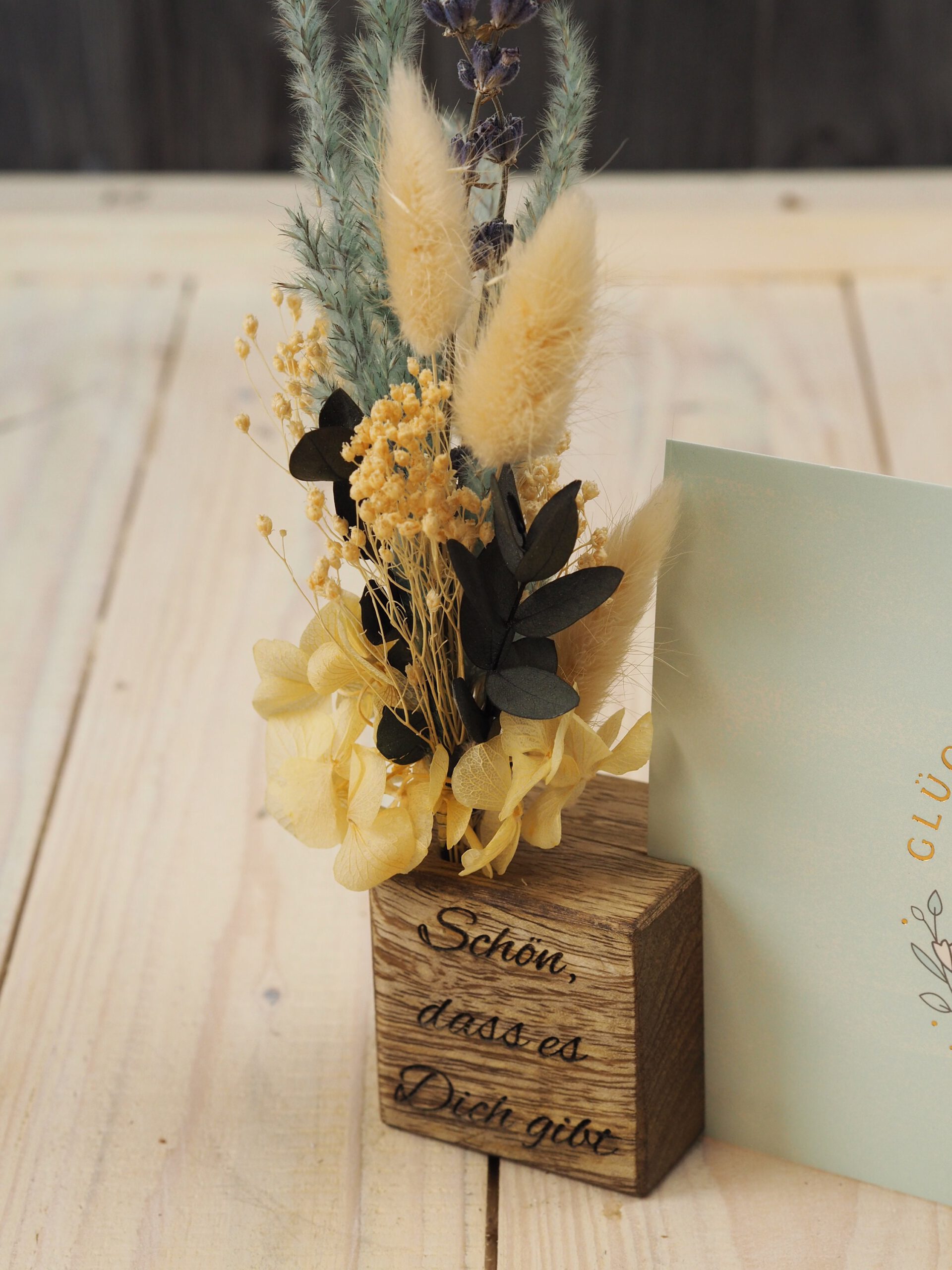 Fotohalter Kartenhalter Holz mit Gravur Trockenblumen