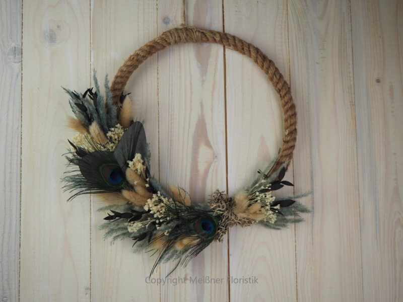 Hoop Trockenkranz Wandkranz Türkranz Flowerhoop Trockenblumen 25 cm Pfauenfeder