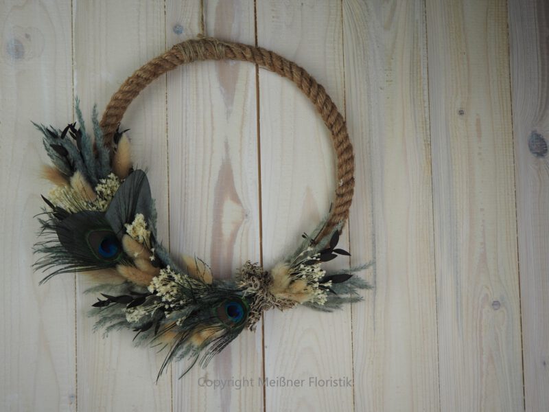 Hoop Trockenkranz Wandkranz Türkranz Flowerhoop Trockenblumen 25 cm Pfauenfeder