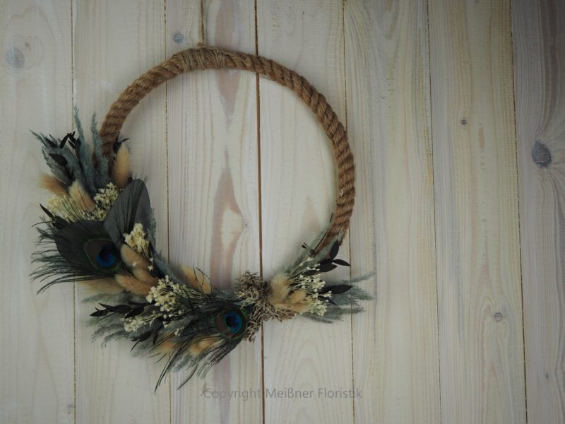 Hoop Trockenkranz Wandkranz Türkranz Flowerhoop Trockenblumen 25 cm Pfauenfeder