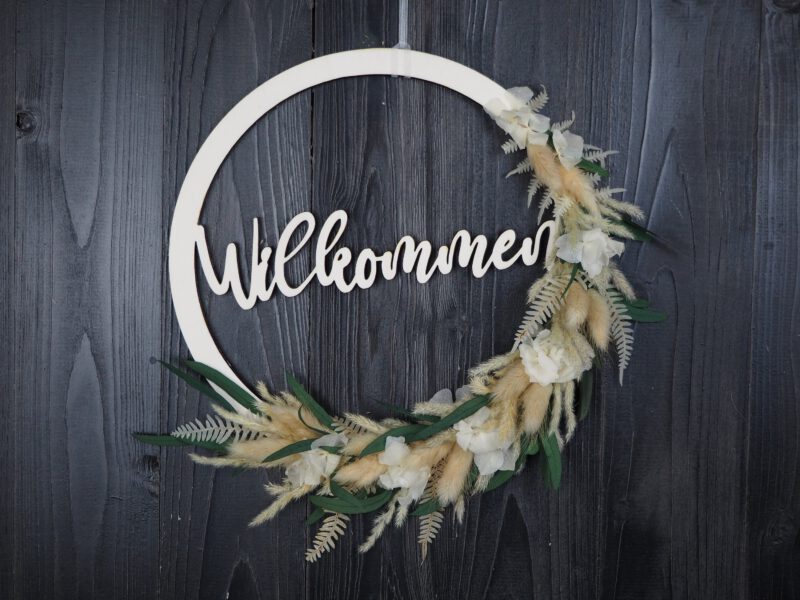 Namenschild Willkommen Türkranz Trockenblumen 28 cm individualisierbar
