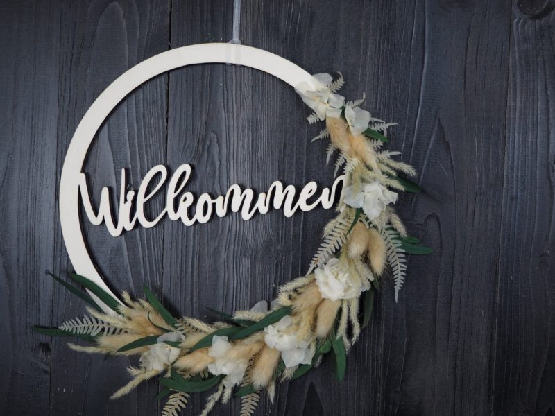Namenschild Willkommen Türkranz Trockenblumen 28 cm individualisierbar