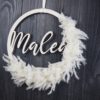 personalisiertes Namensschild aus Holz mit Trockenblumen individualisiert verschiedene Durchmesser weiß