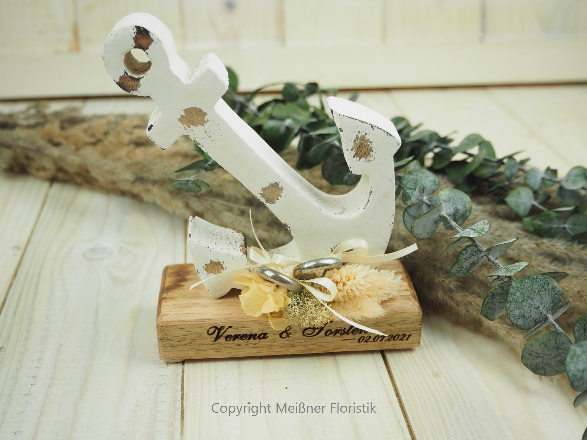 Ringkissen Holz Anker Maritim mit Trockenblumen personalisiert