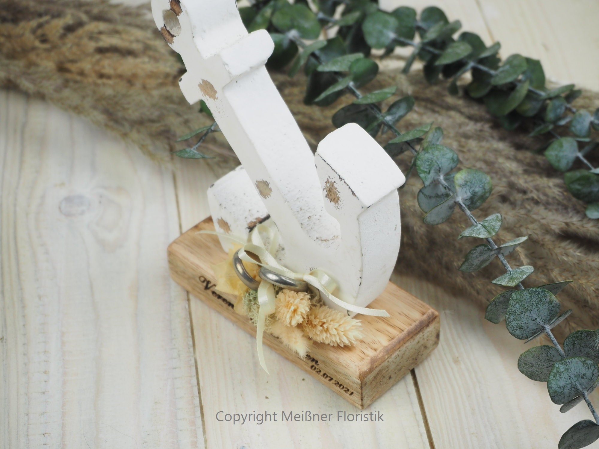Ringkissen Holz Anker Maritim mit Trockenblumen personalisiert