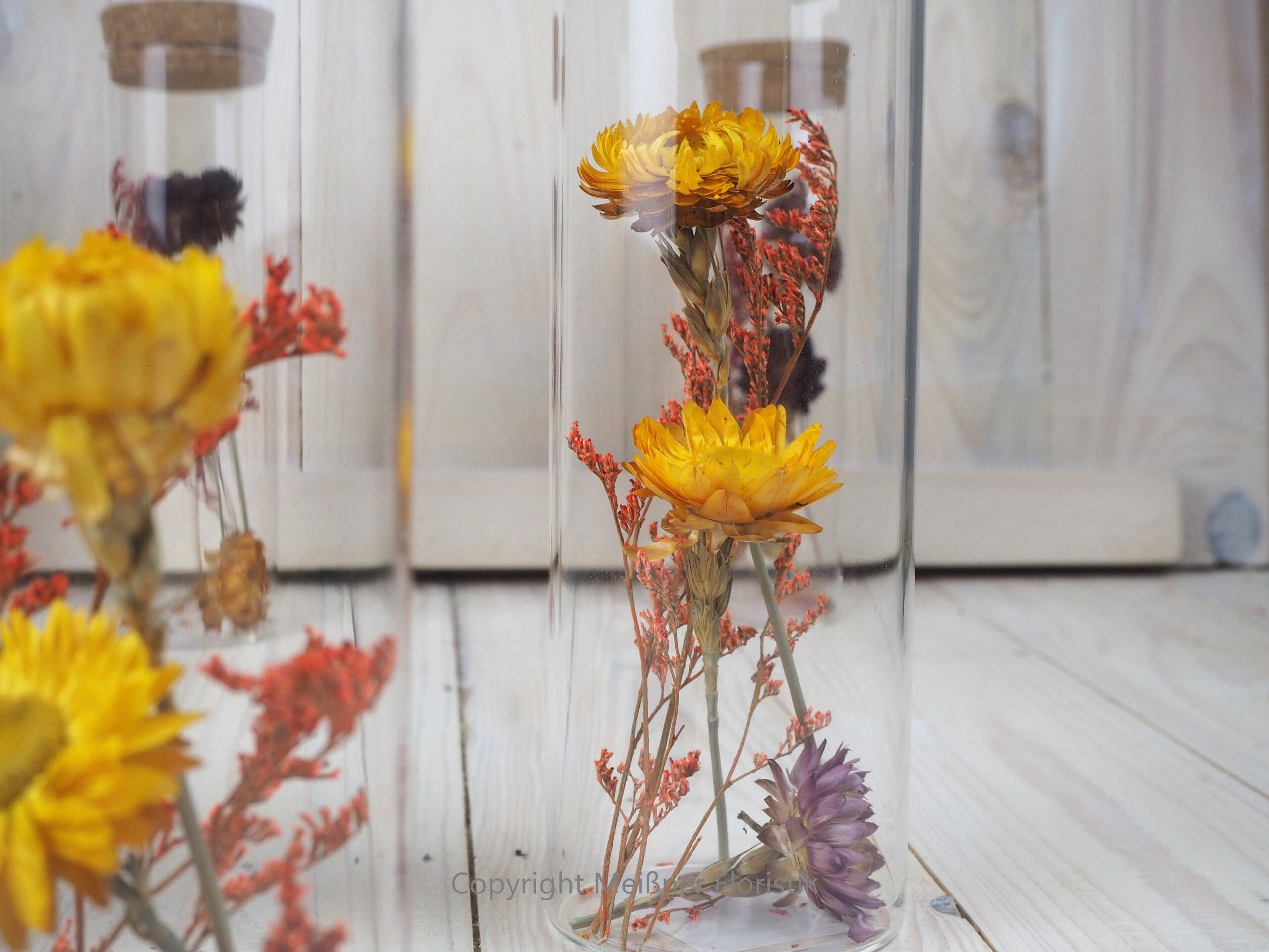 Trockenblumen gefüllte Gläser 3 er Set gelb rot orange
