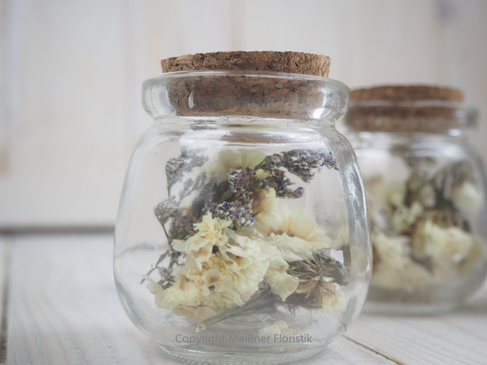 Trockenblumen gefüllte kleine Gläser 3 er Set creme weiß